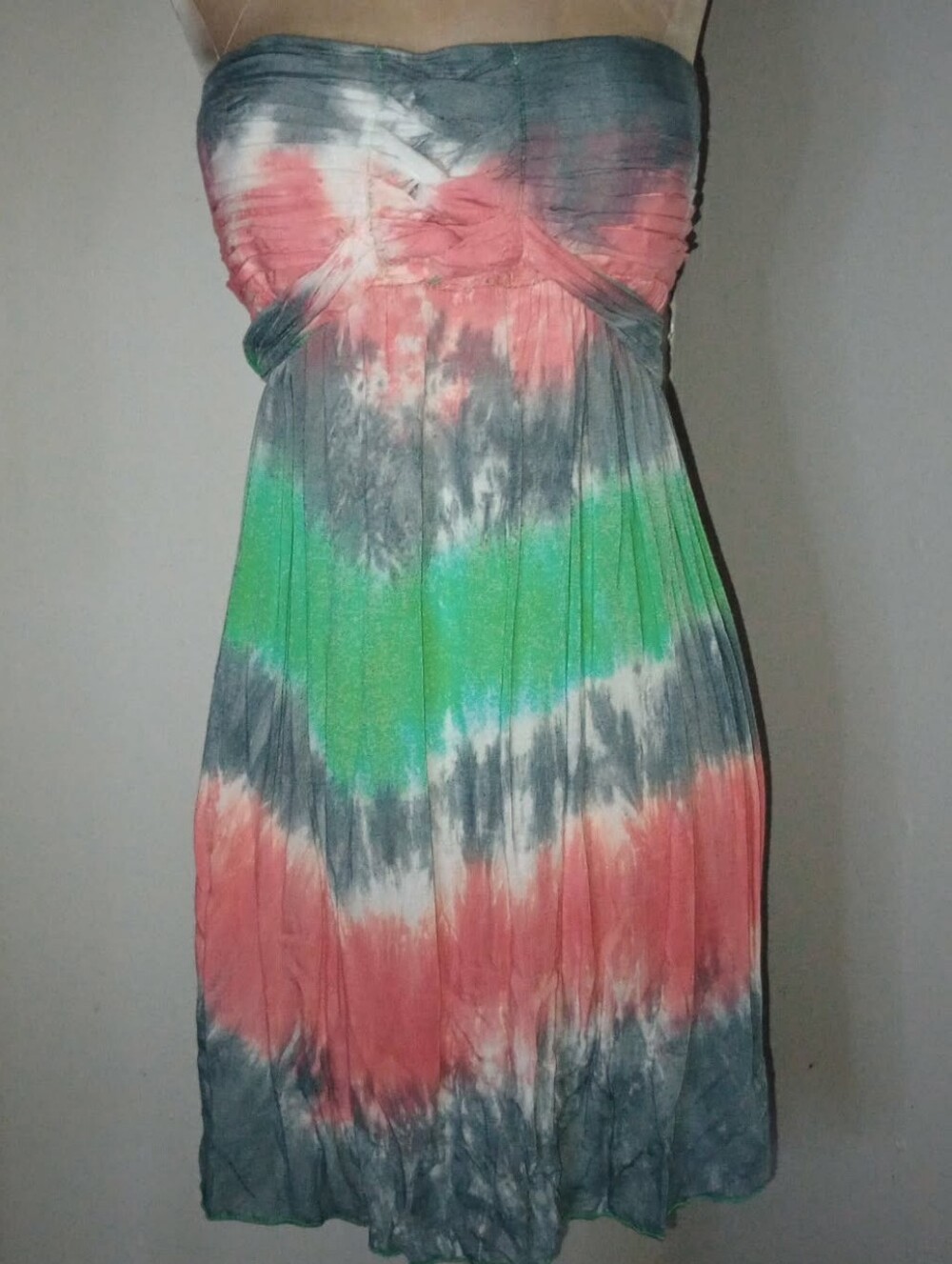 Source Unknown Strapless Tie-Dye Dress in Coral, Green & Gray